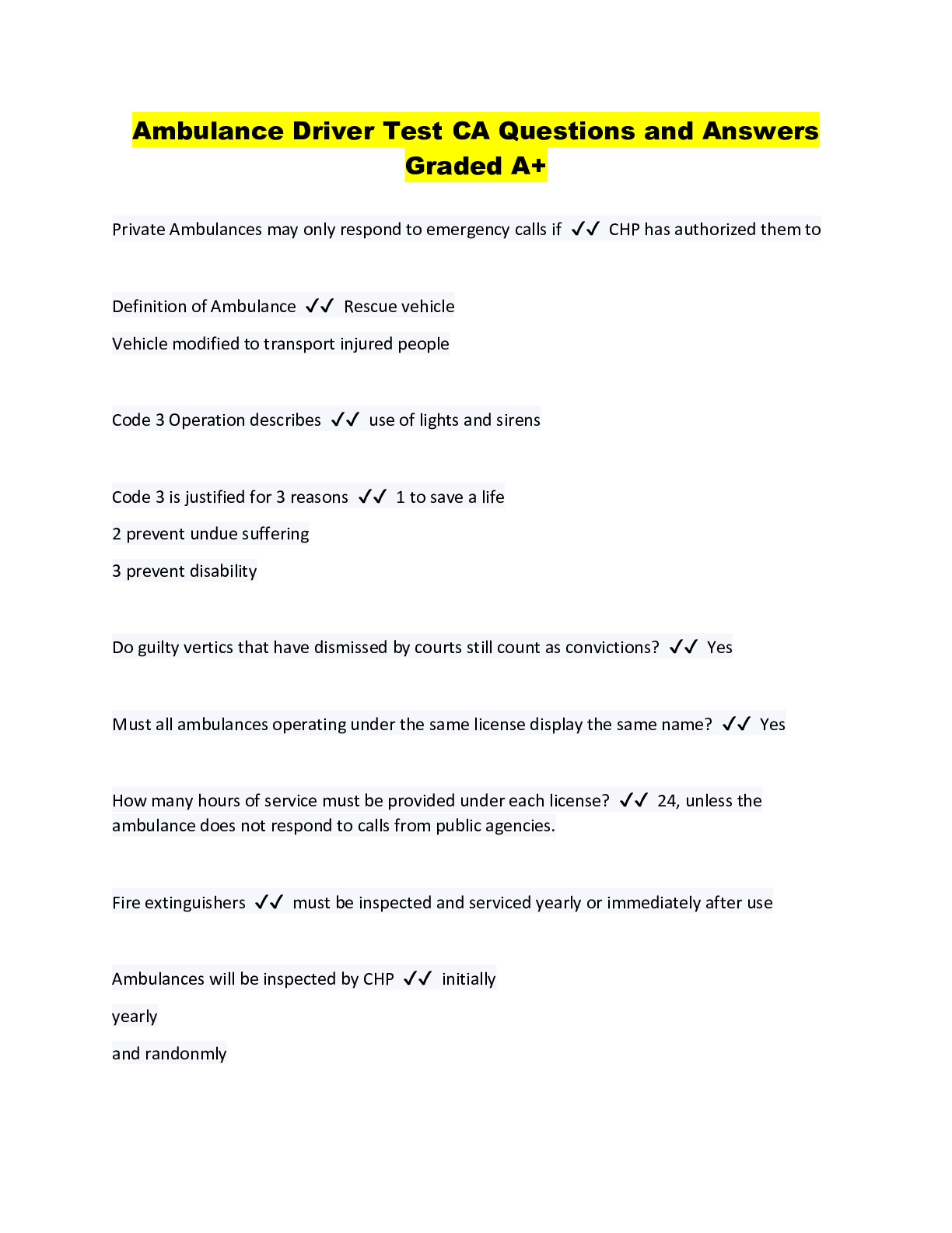 Preview image for Ambulance Driver Test CA Questions and Answers Graded A+